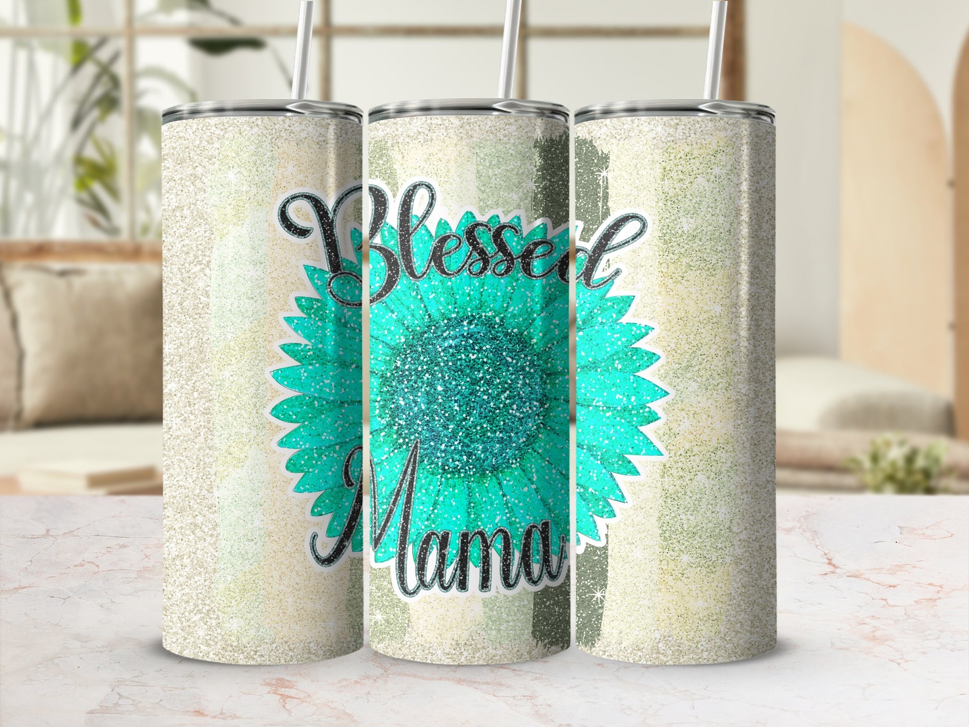 Blessed Mama Glittery Blue Sunflower Tumbler Design