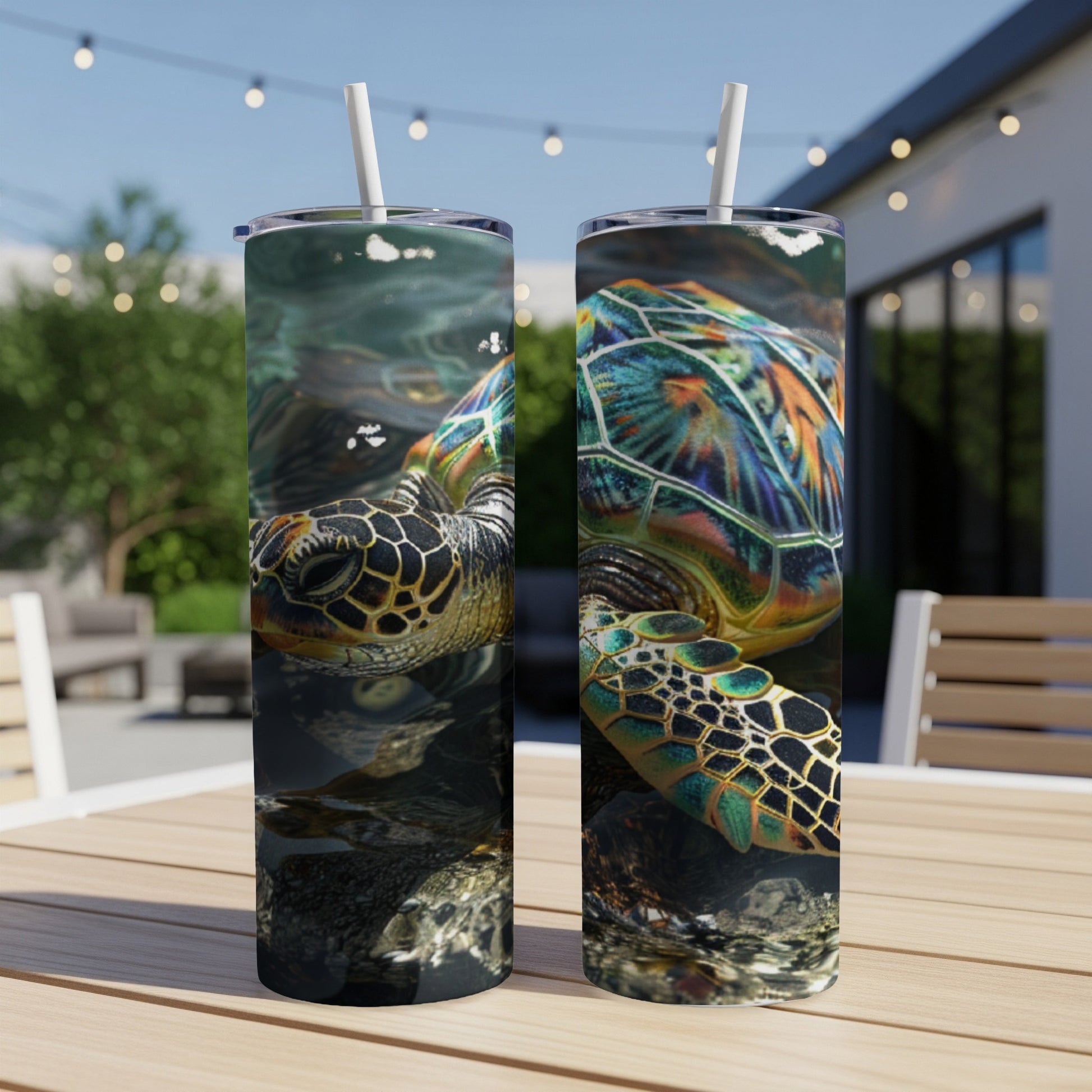 Two tumblers with a sea turtle design sit on a table outdoors.
