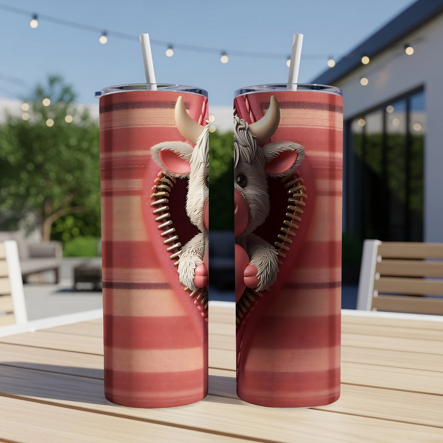 Two tumblers with a zipped heart revealing a cartoon cow wearing a Santa hat.
