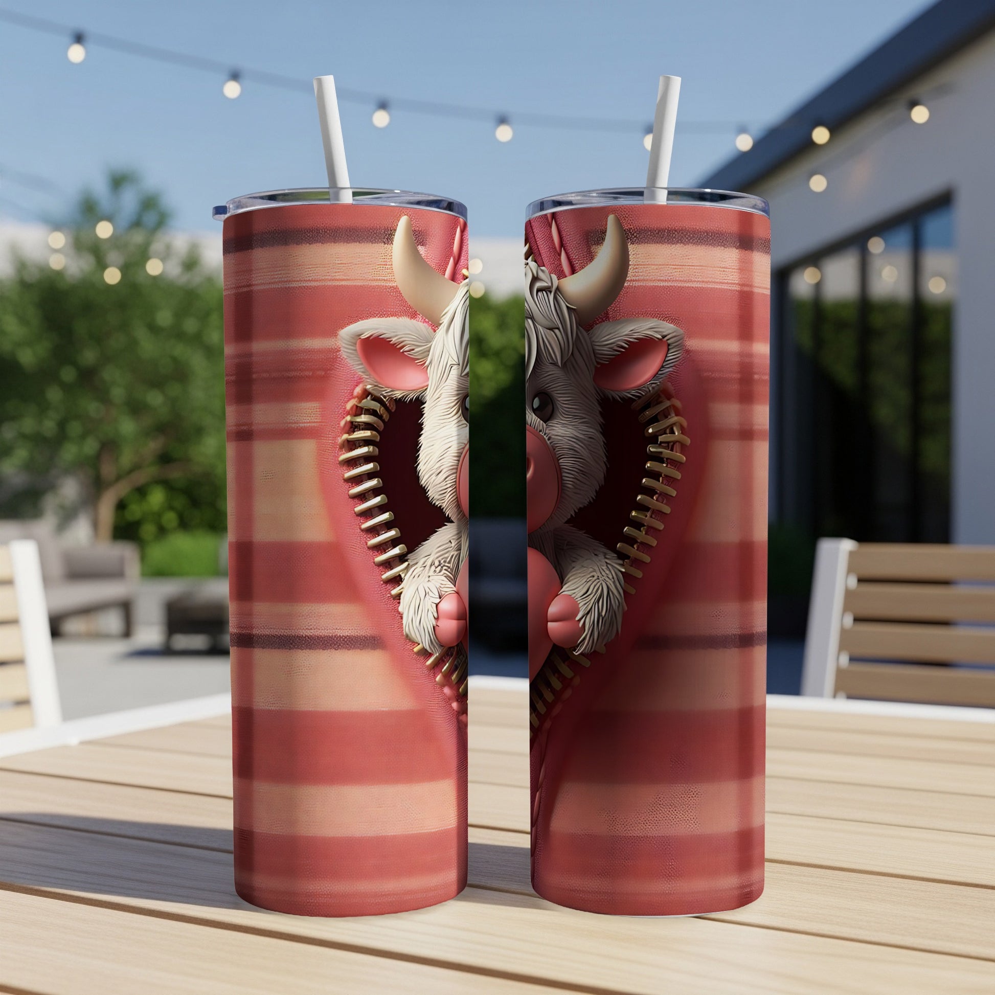 Two tumblers with a zipped heart revealing a cartoon cow wearing a Santa hat.