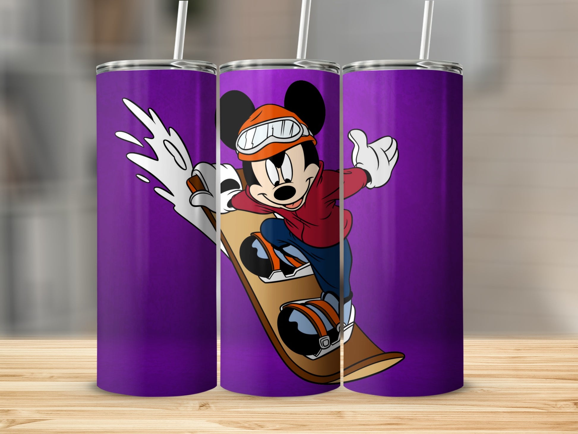 Skateboarding Mickey Mouse Tumbler with Purple Background