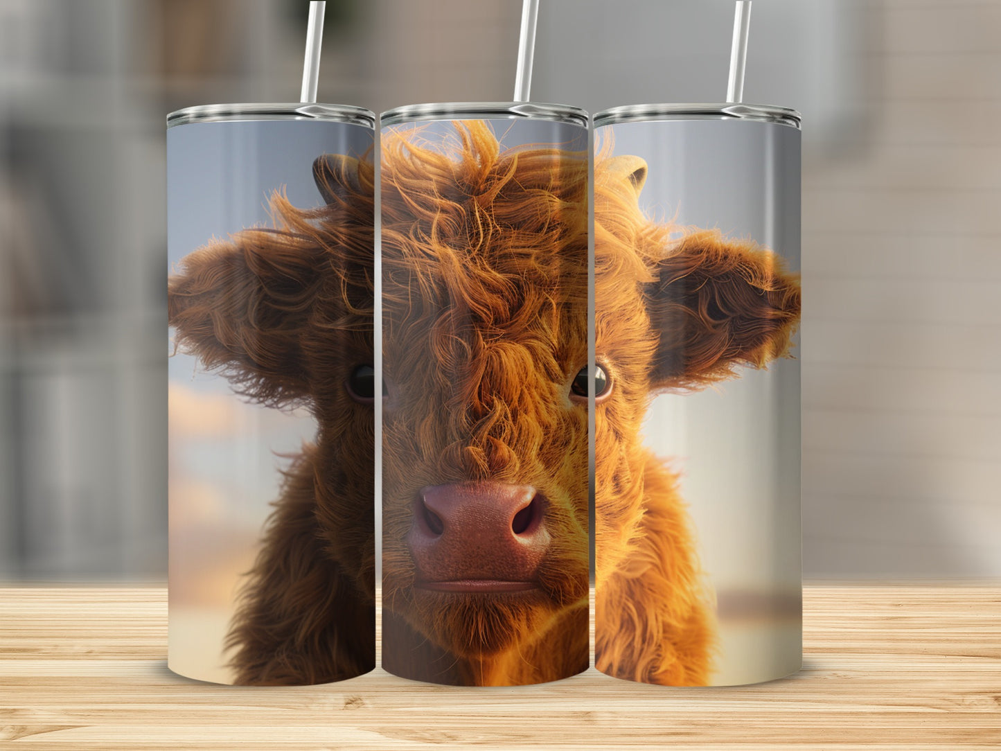 Three tumblers featuring a fluffy Highland cow's face.