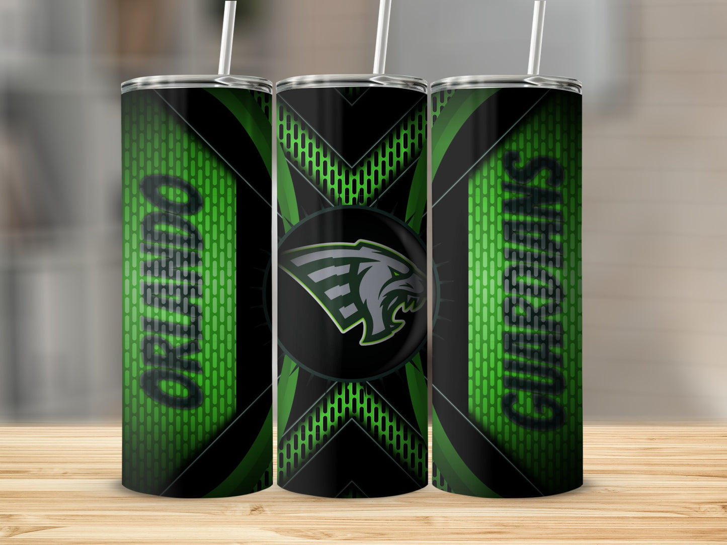 Green and Black Athletics Team Design with Panther Logo Tumblers
