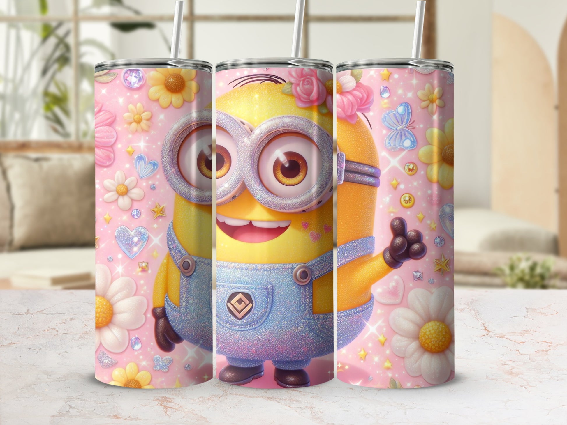 Cute Minion Themed Tumbler with Pink Floral Design