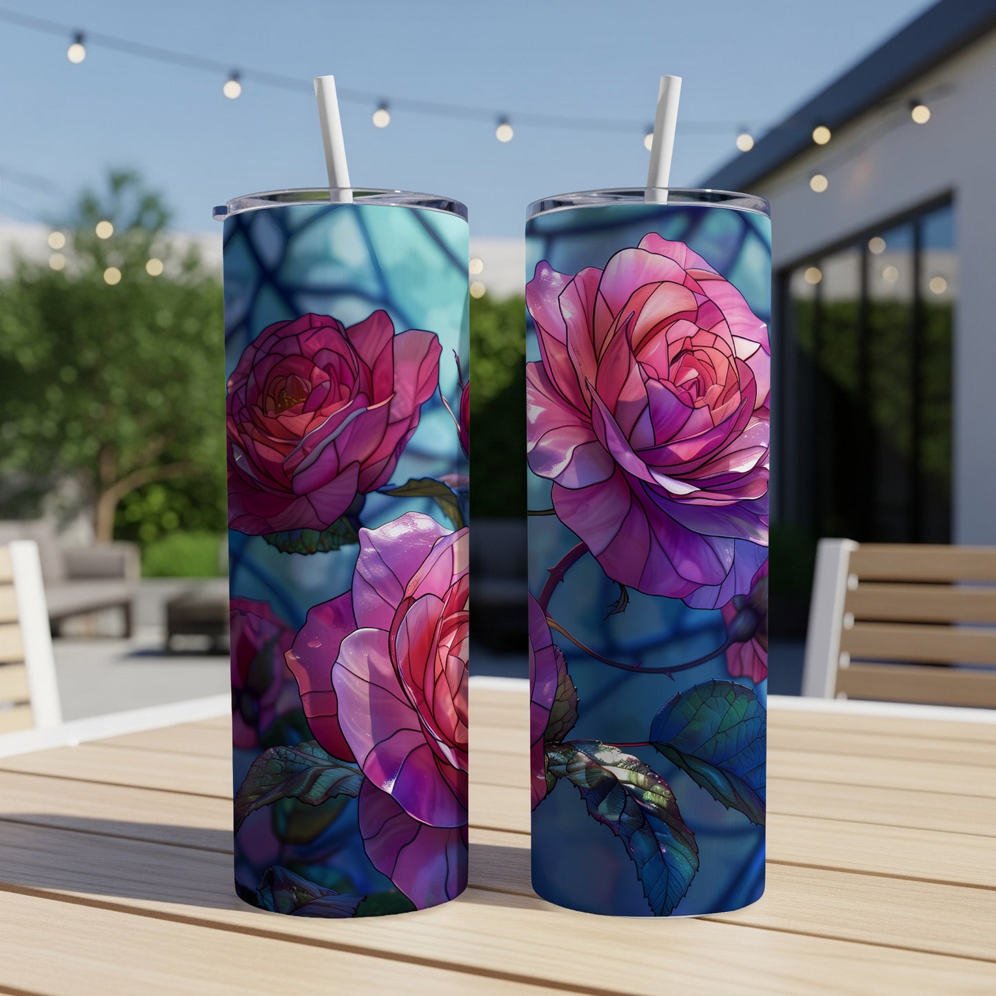 Two tall tumblers with stained-glass rose designs on a patio table.