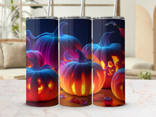 Glowing pumpkins with colorful light emanate from within on a tumbler.