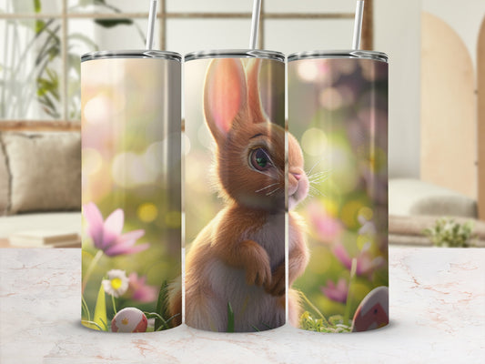 Brown bunny with Easter eggs in a sunlit meadow.