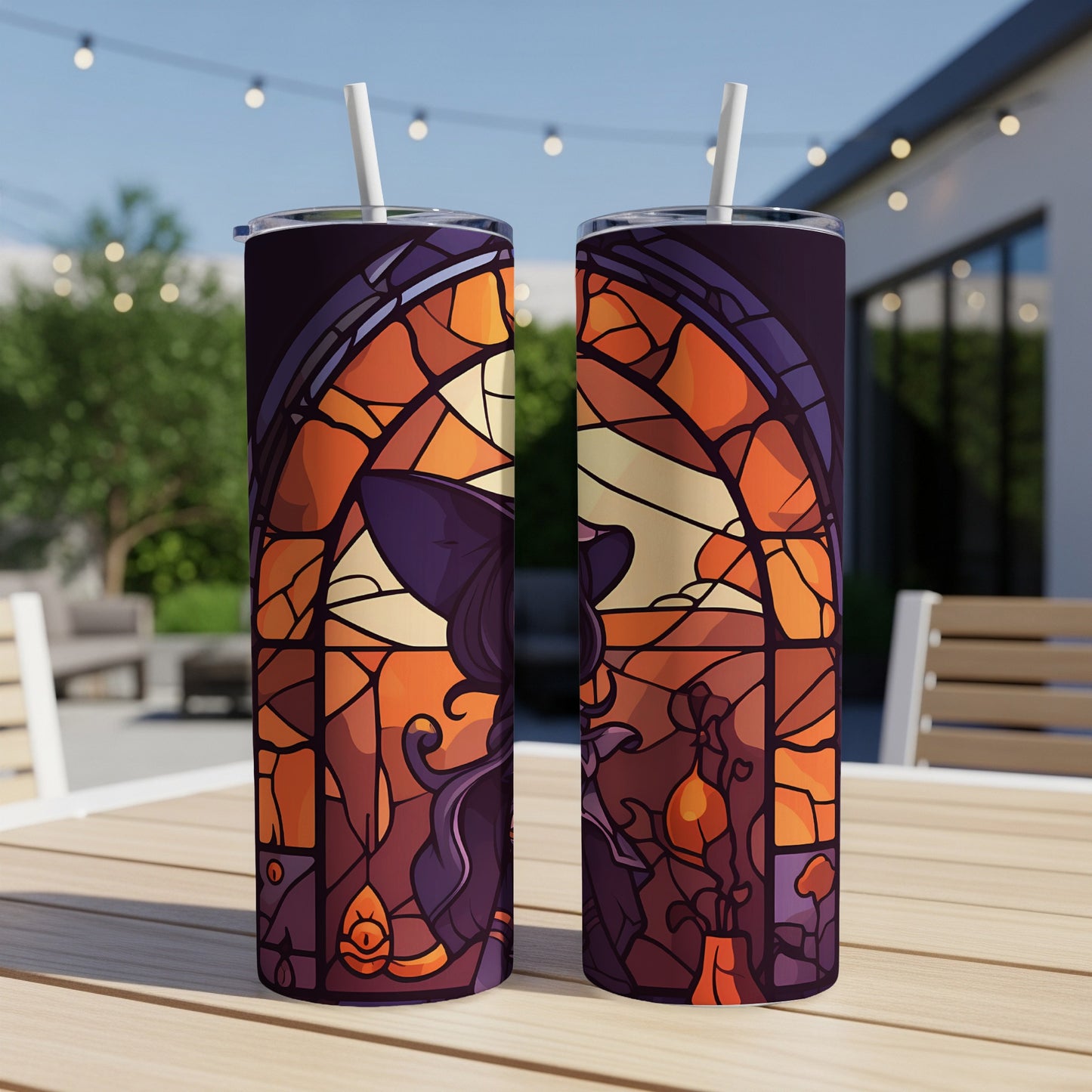 Two witch-themed tumblers with stained-glass window design.