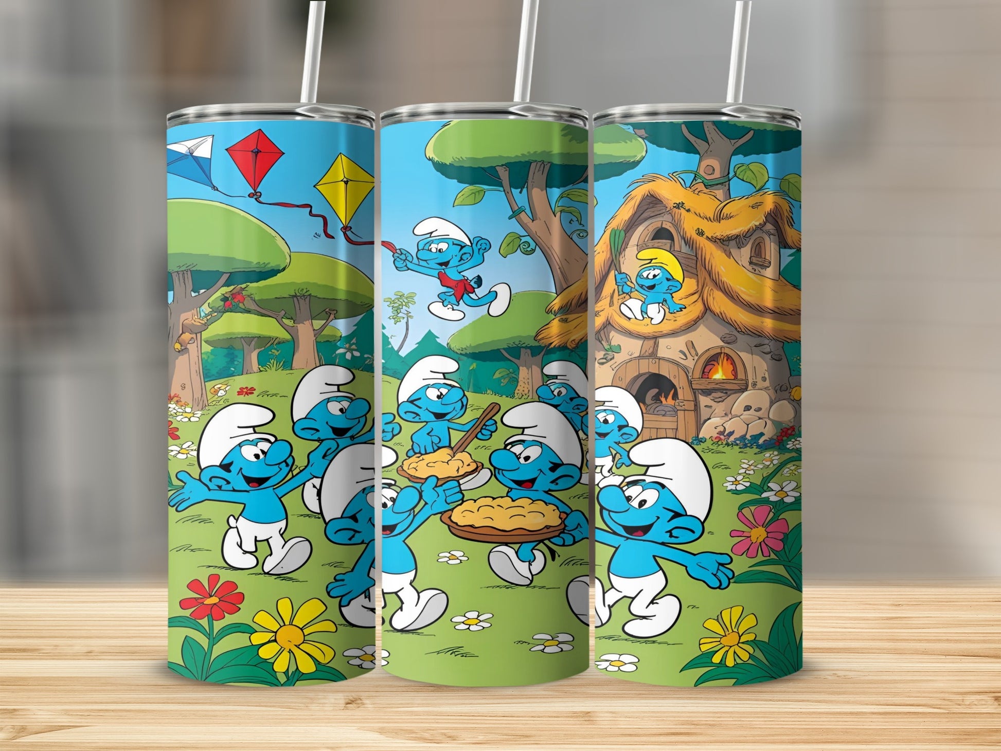 Smurfs in a village scene with mushrooms and kites.