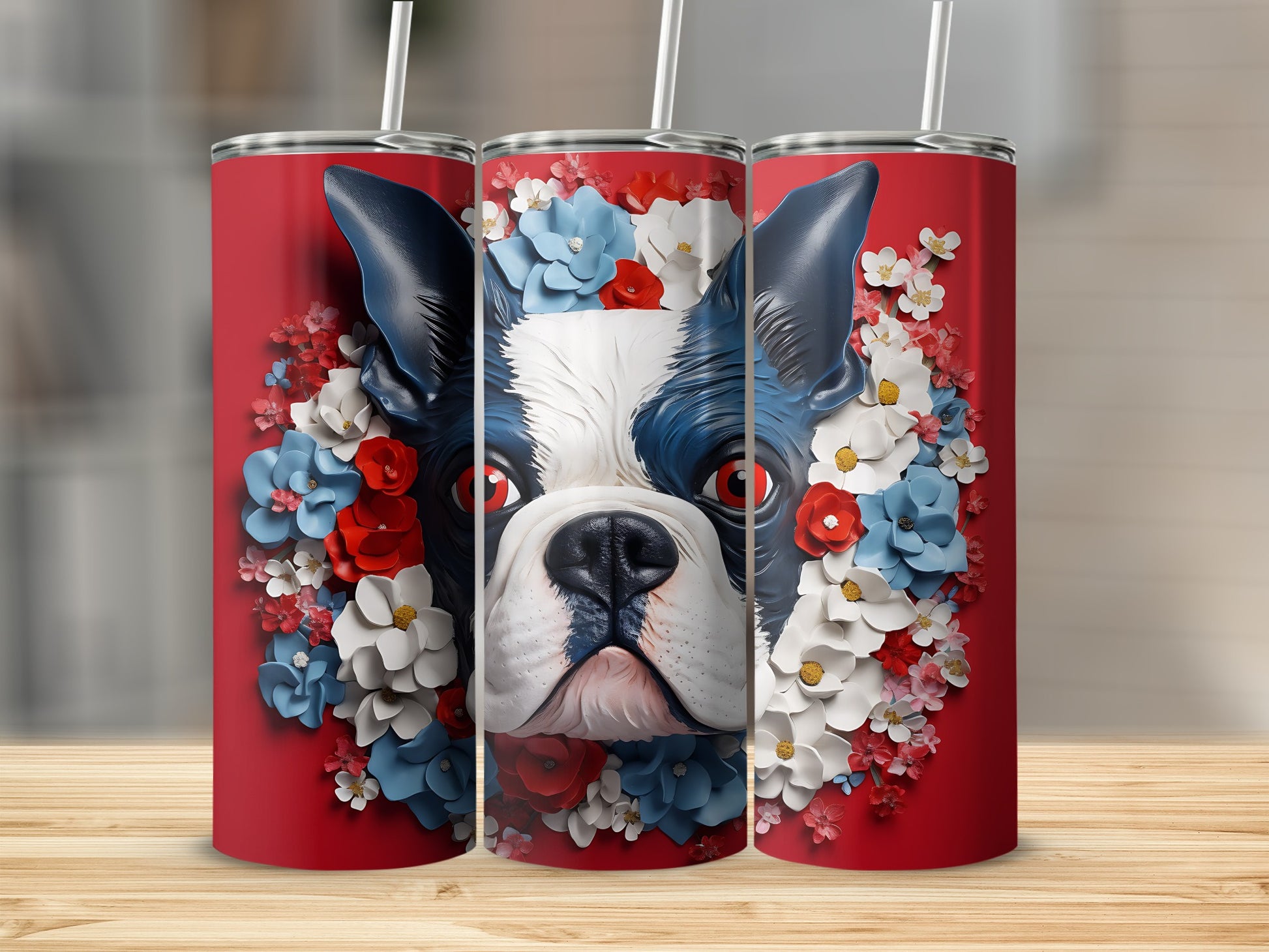 Boston terrier face surrounded by red, white, and blue flowers on red tumblers.