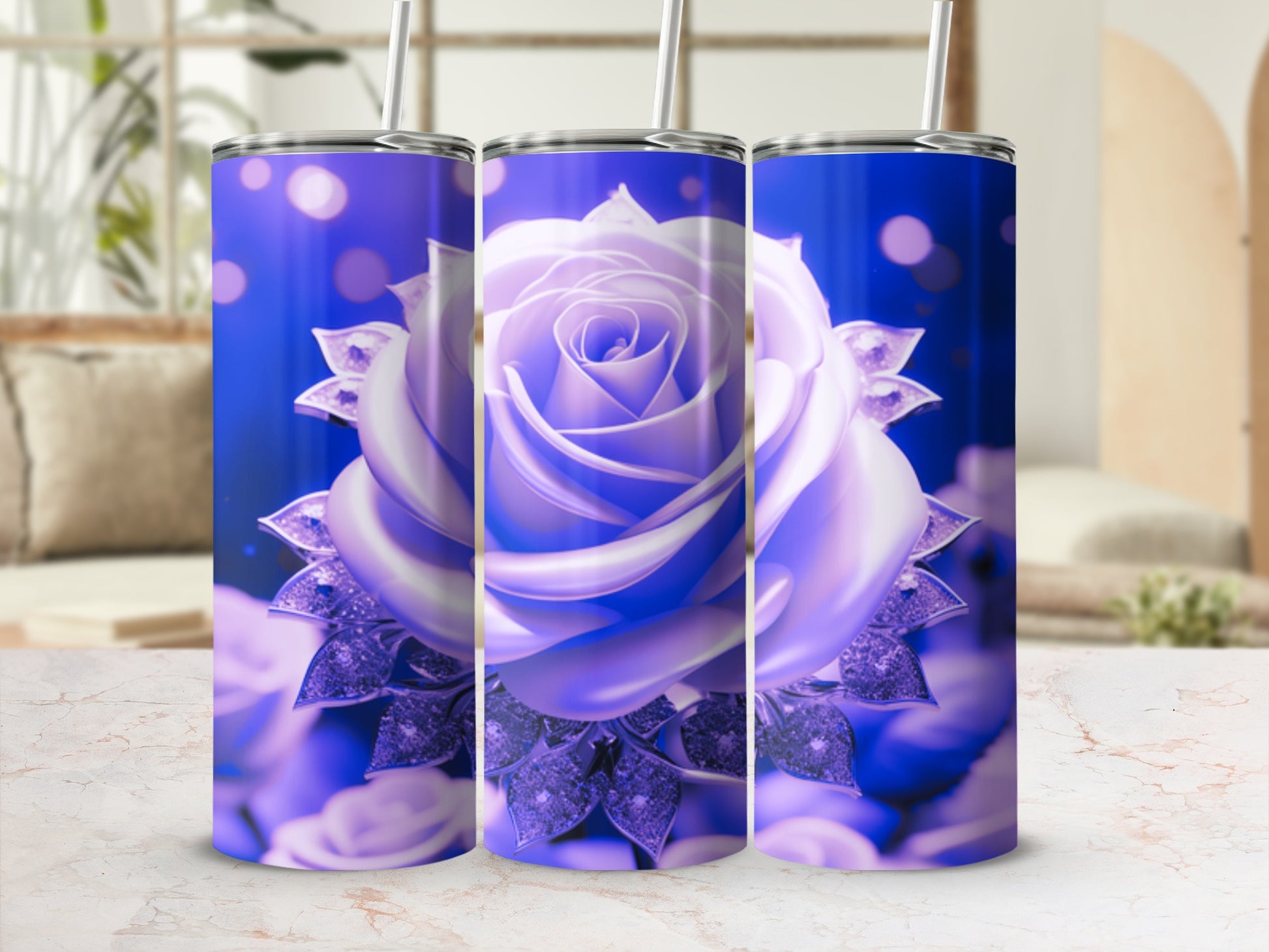 Blue rose design on a white tumbler with straw.