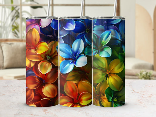 Three tumblers with colorful floral designs in gradient shades.