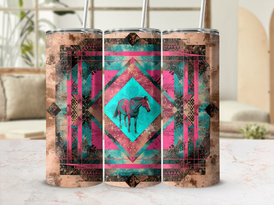 Brown tumbler with horse graphic and geometric designs.