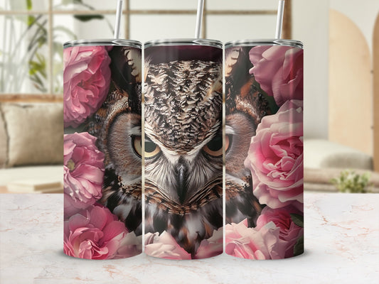 Owl face surrounded by pink roses, on a marble surface, in soft light.