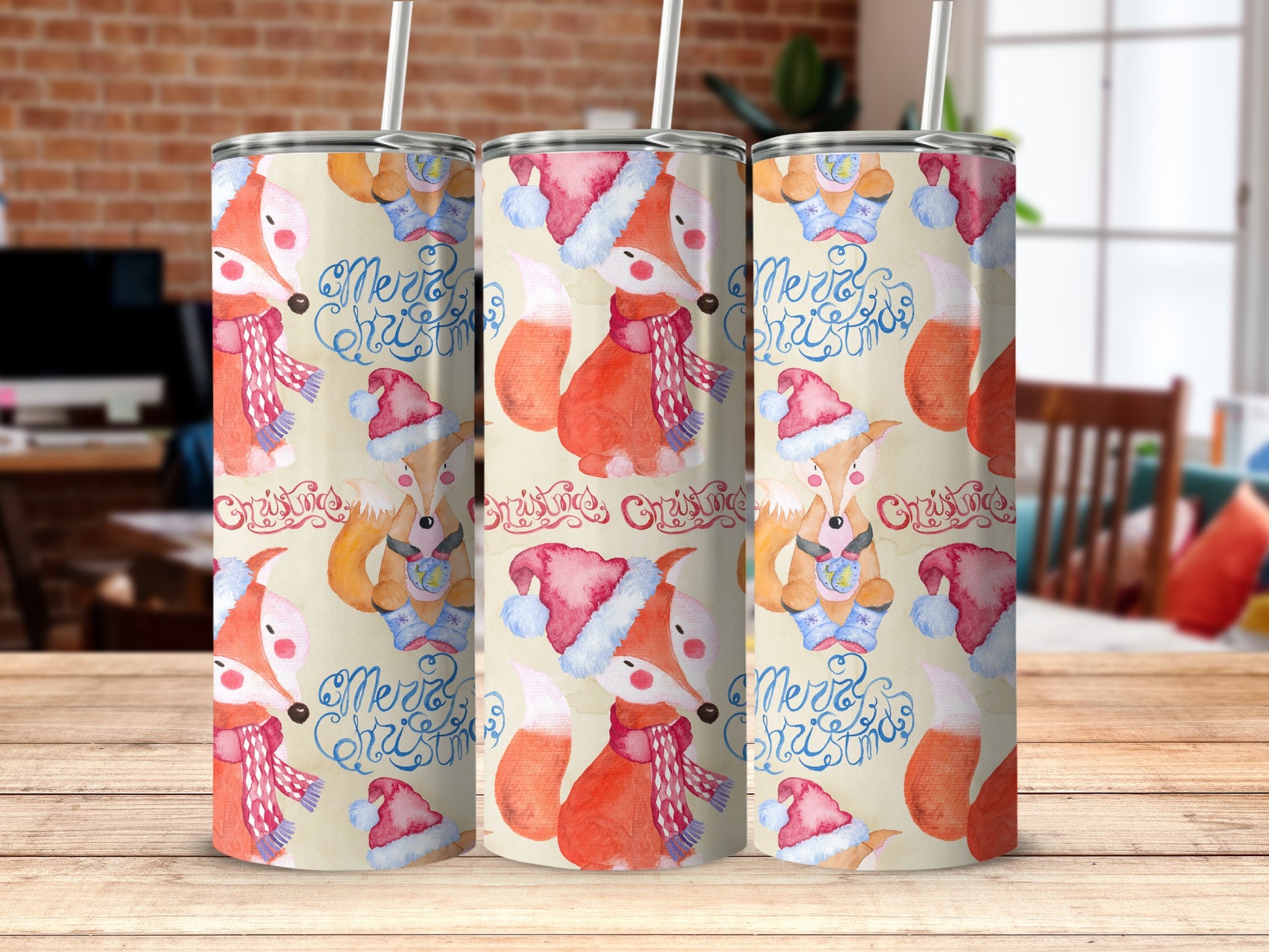 Three tumblers with foxes in Santa hats and "Merry Christmas" text.