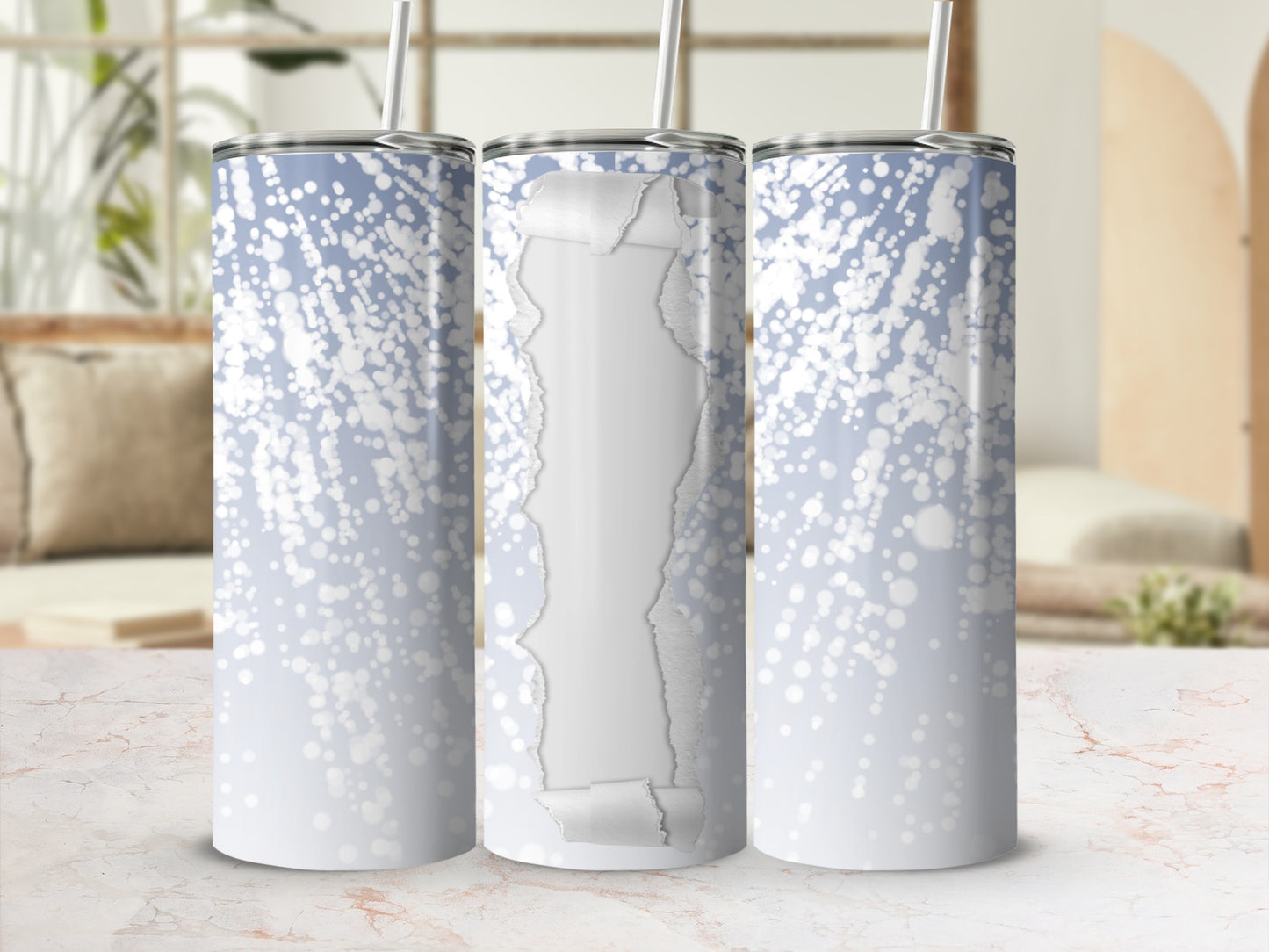 Three tumblers with a faded blue bokeh and torn paper effect.