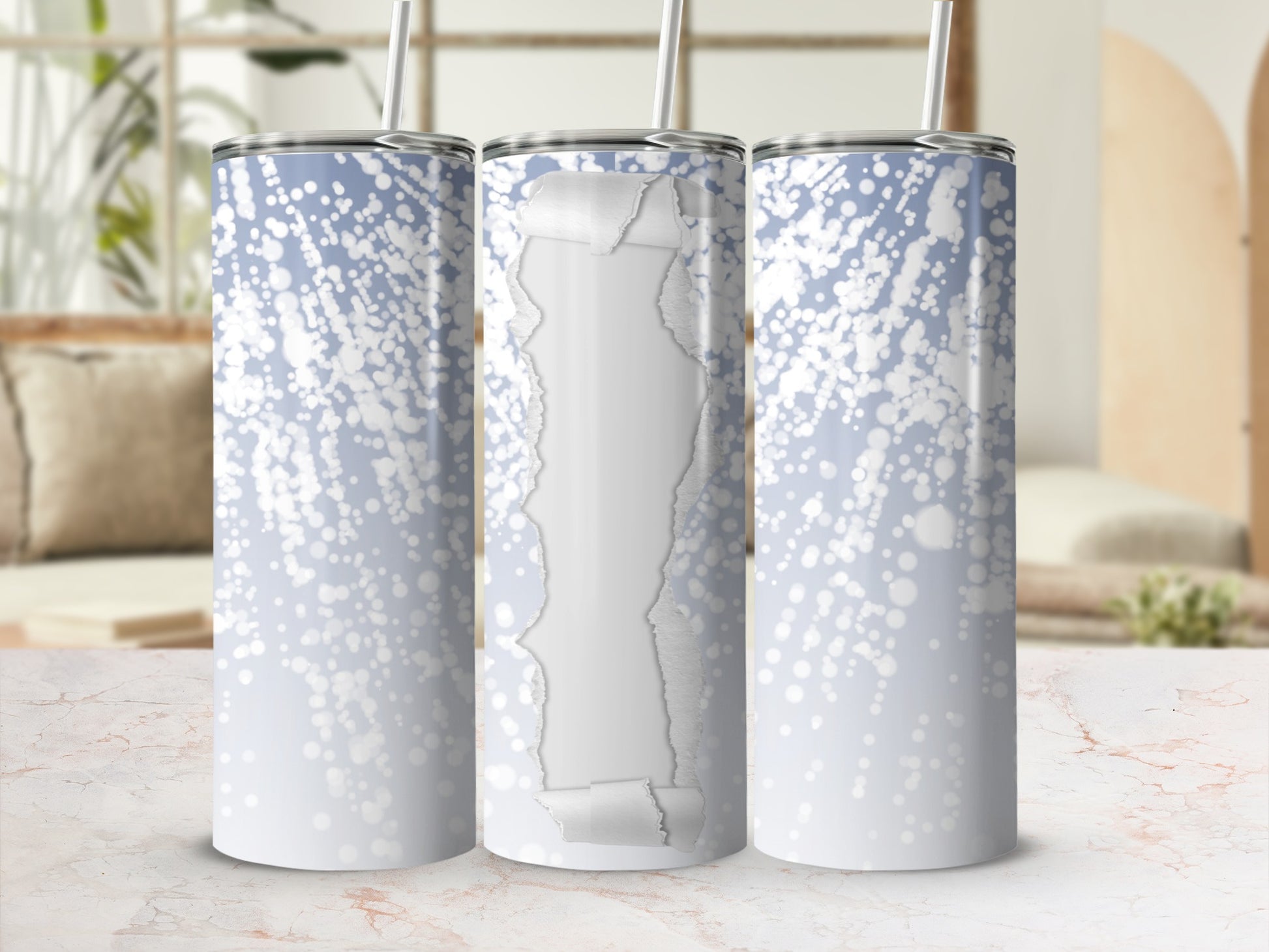Three tumblers with a faded blue bokeh and torn paper effect.