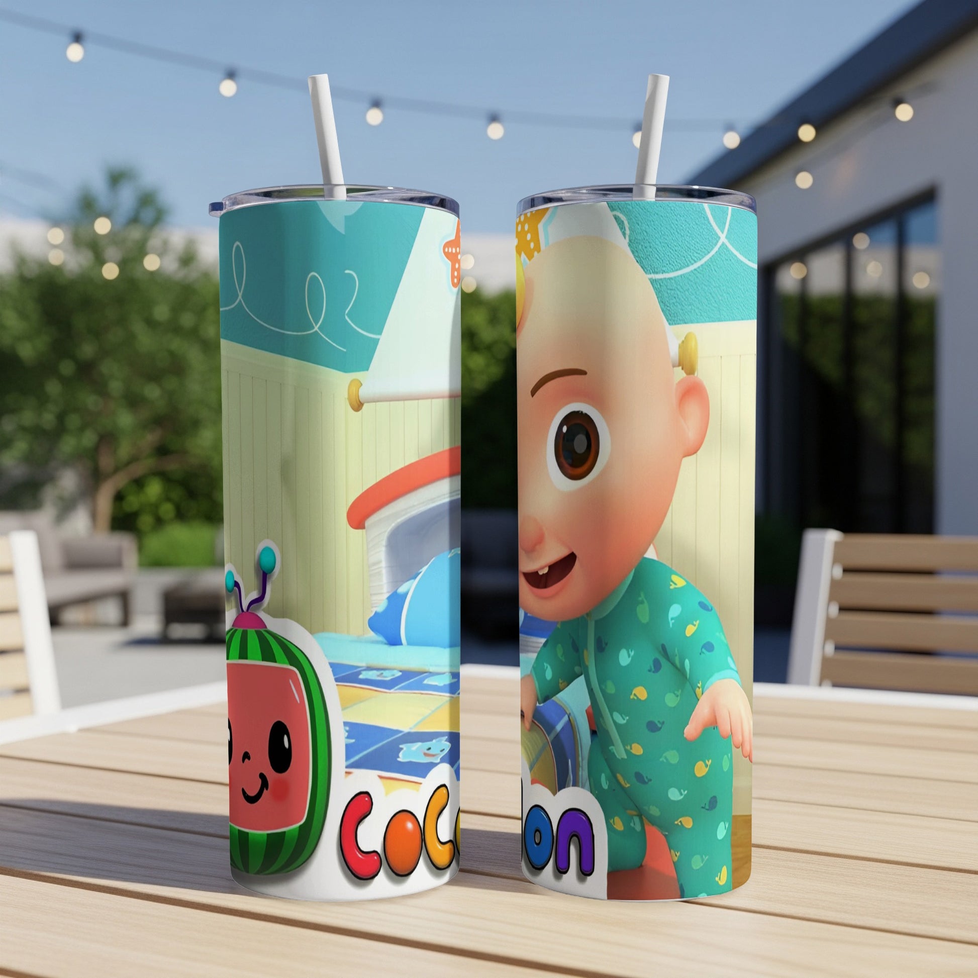 Two tumblers featuring JJ from Cocomelon on a table outdoors.