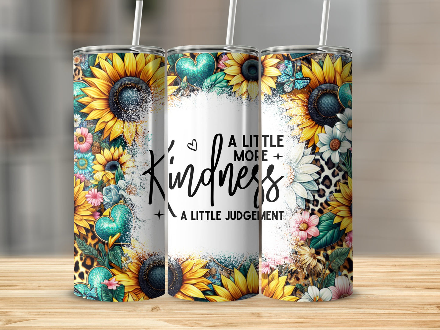 Sunflower and floral tumbler with leopard print and inspirational text.