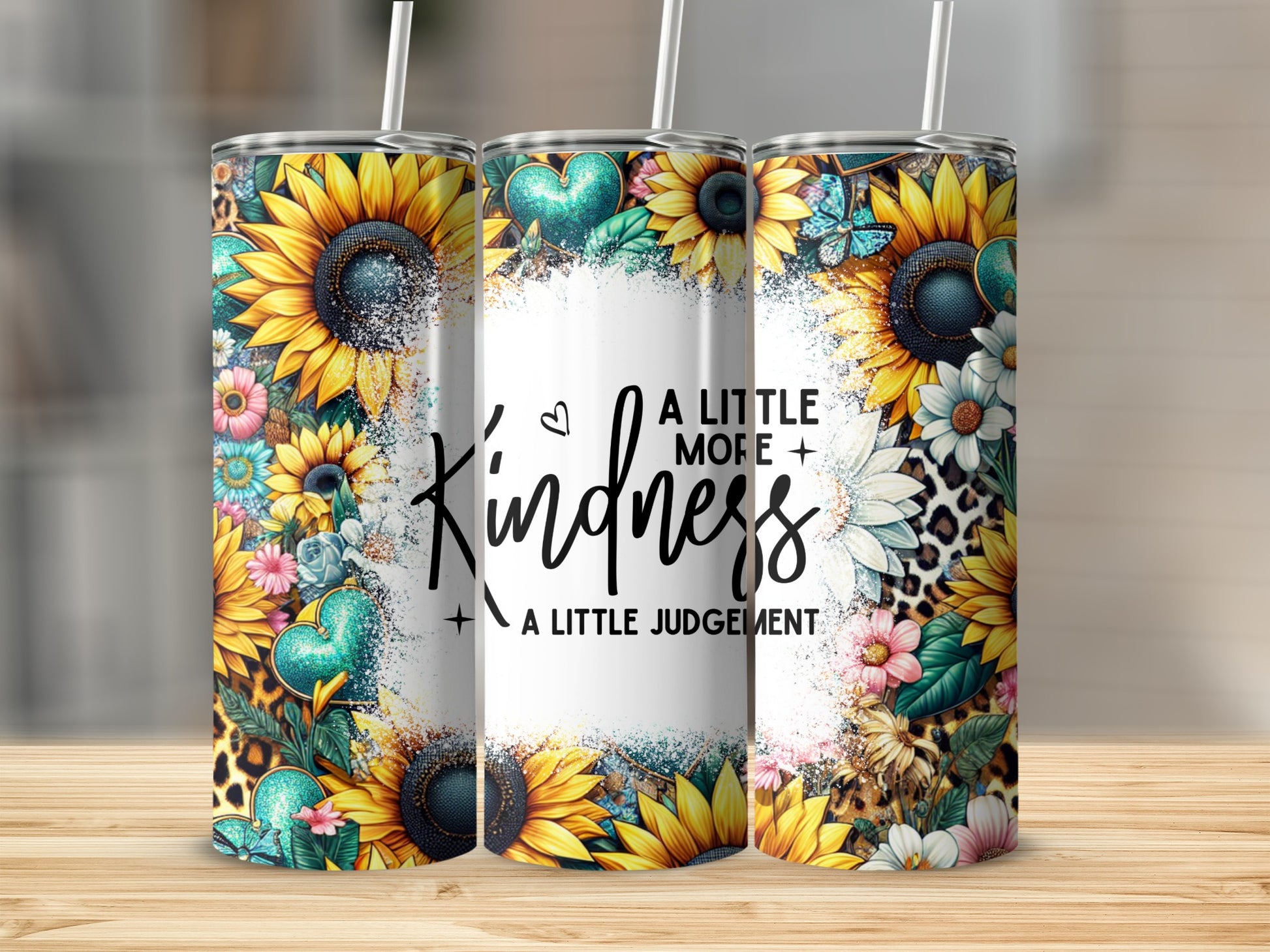 Sunflower and floral tumbler with leopard print and inspirational text.