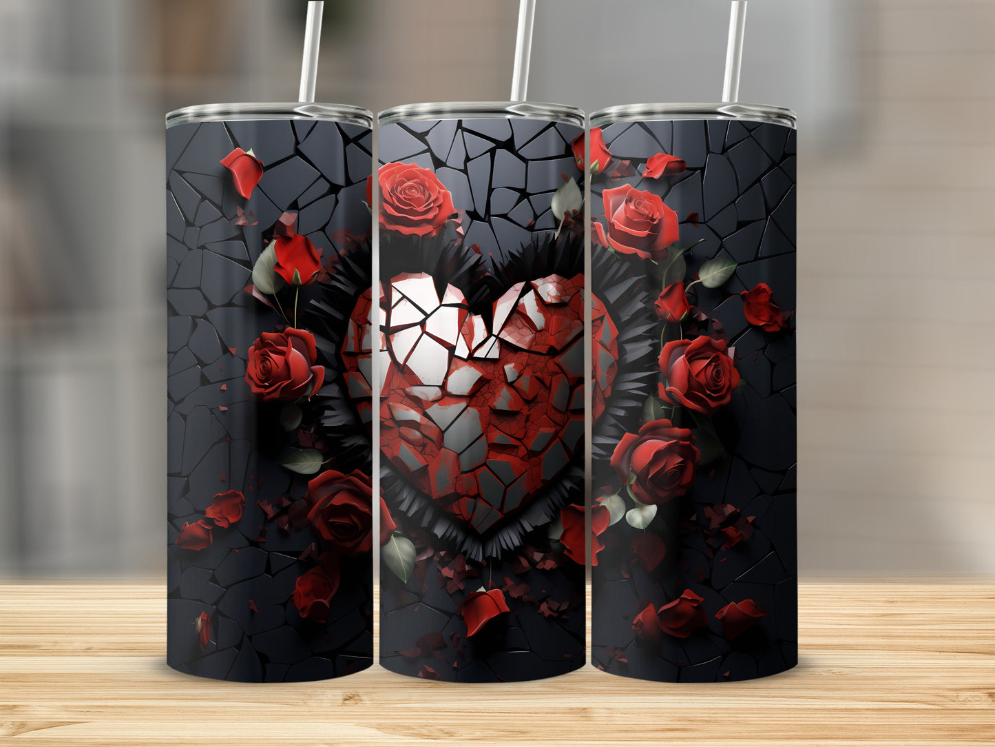 Shattered Heart with Red Roses Tumbler Design
