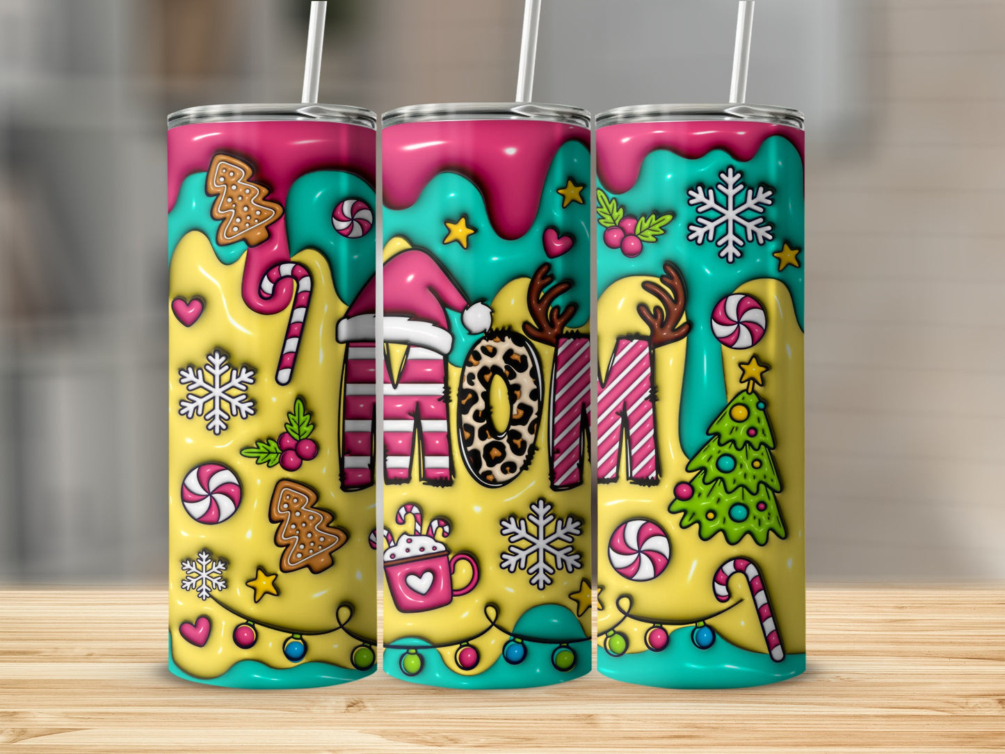 Colorful Christmas Holiday Design Tumbler with Straw