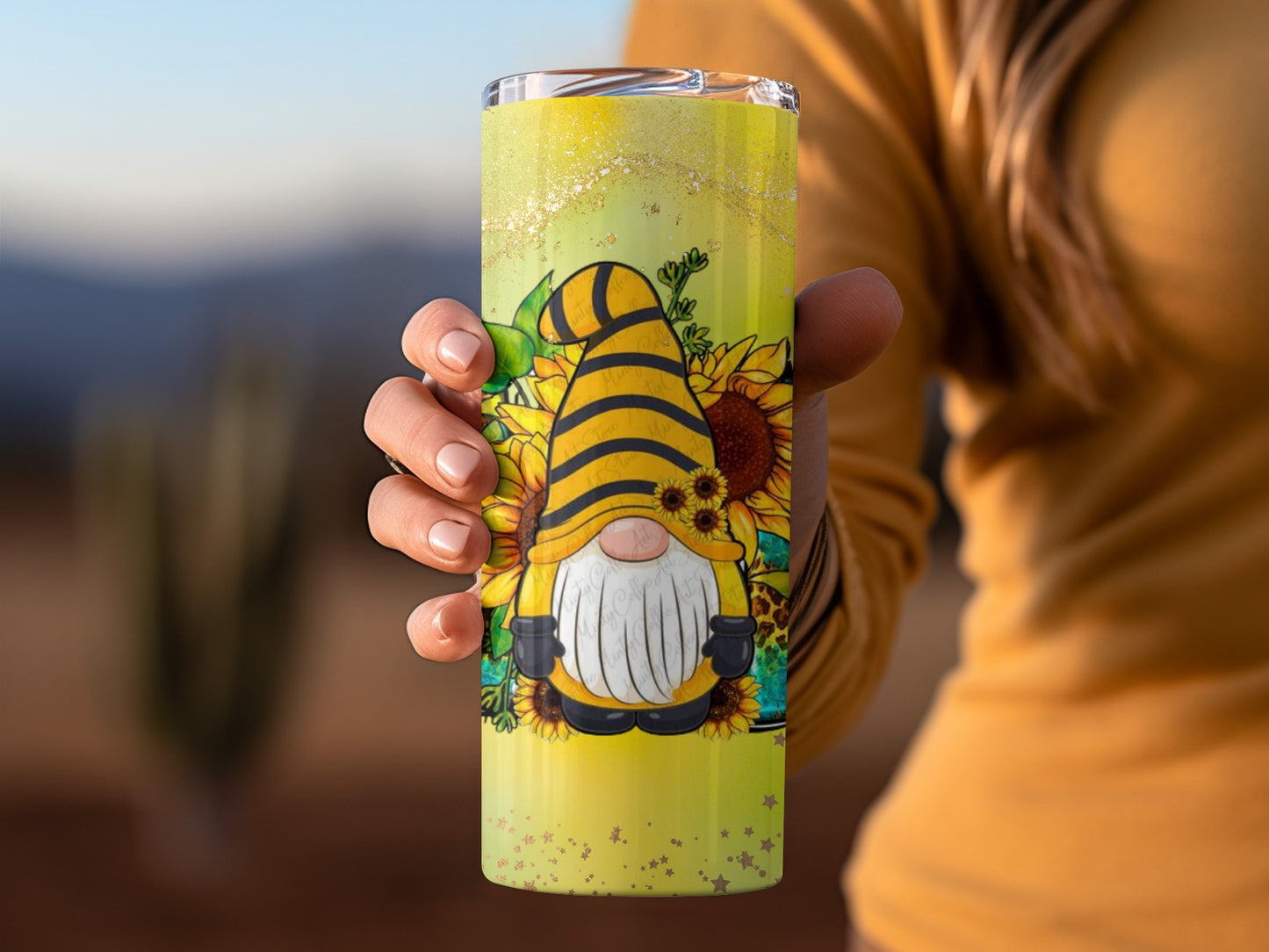 Sunflower and Stripes Gnome Tumbler Cup Design