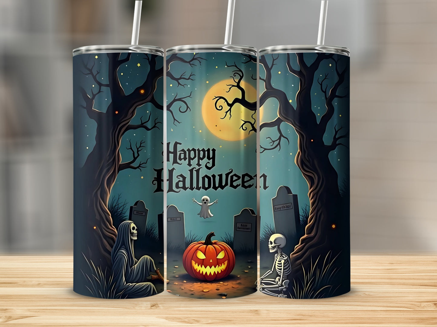 Halloween tumbler with spooky trees, a pumpkin, ghosts, skeletons, and tombstones.