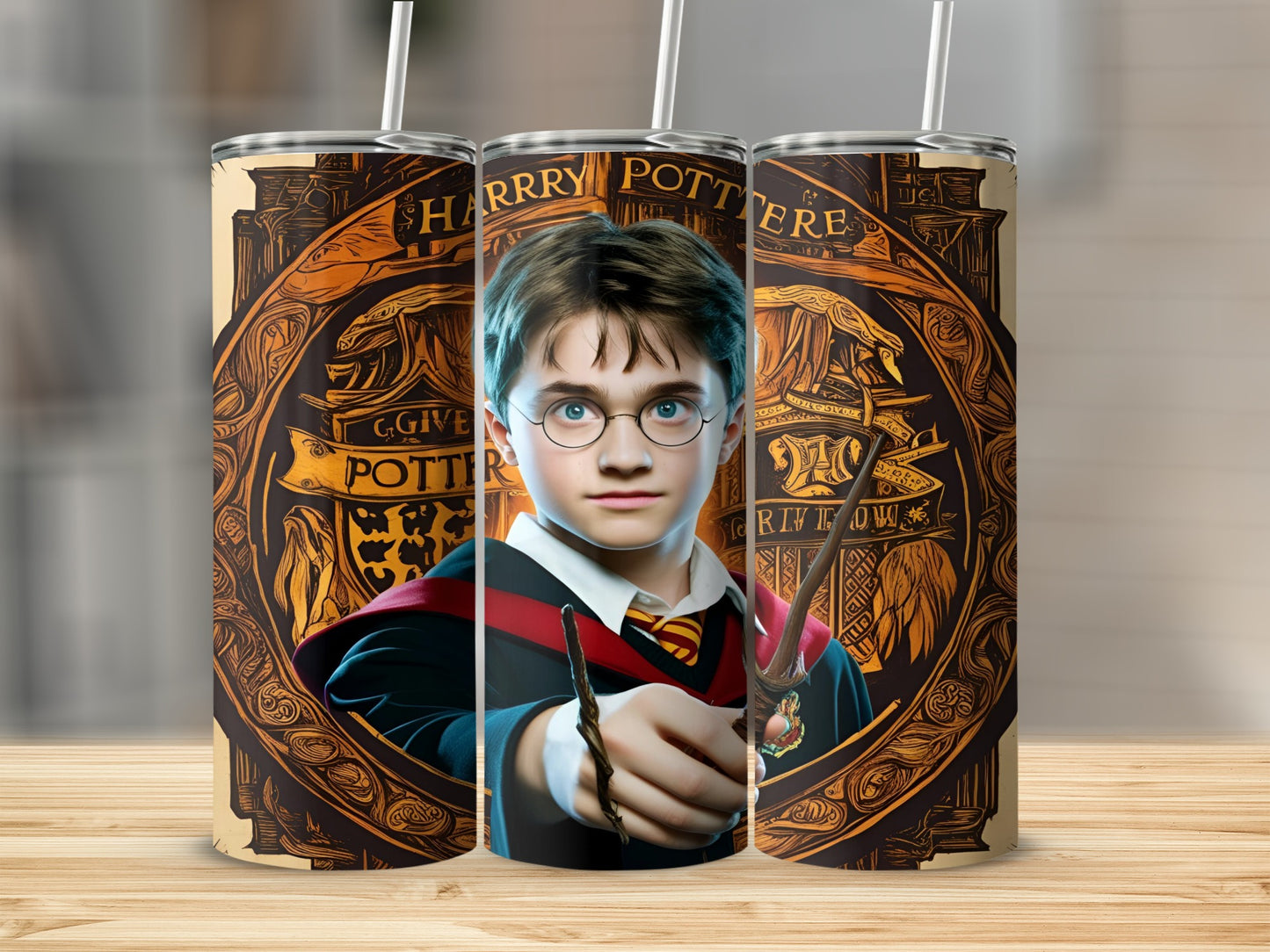 Harry Potter character on a tumbler with ornate brown border and gold accents.