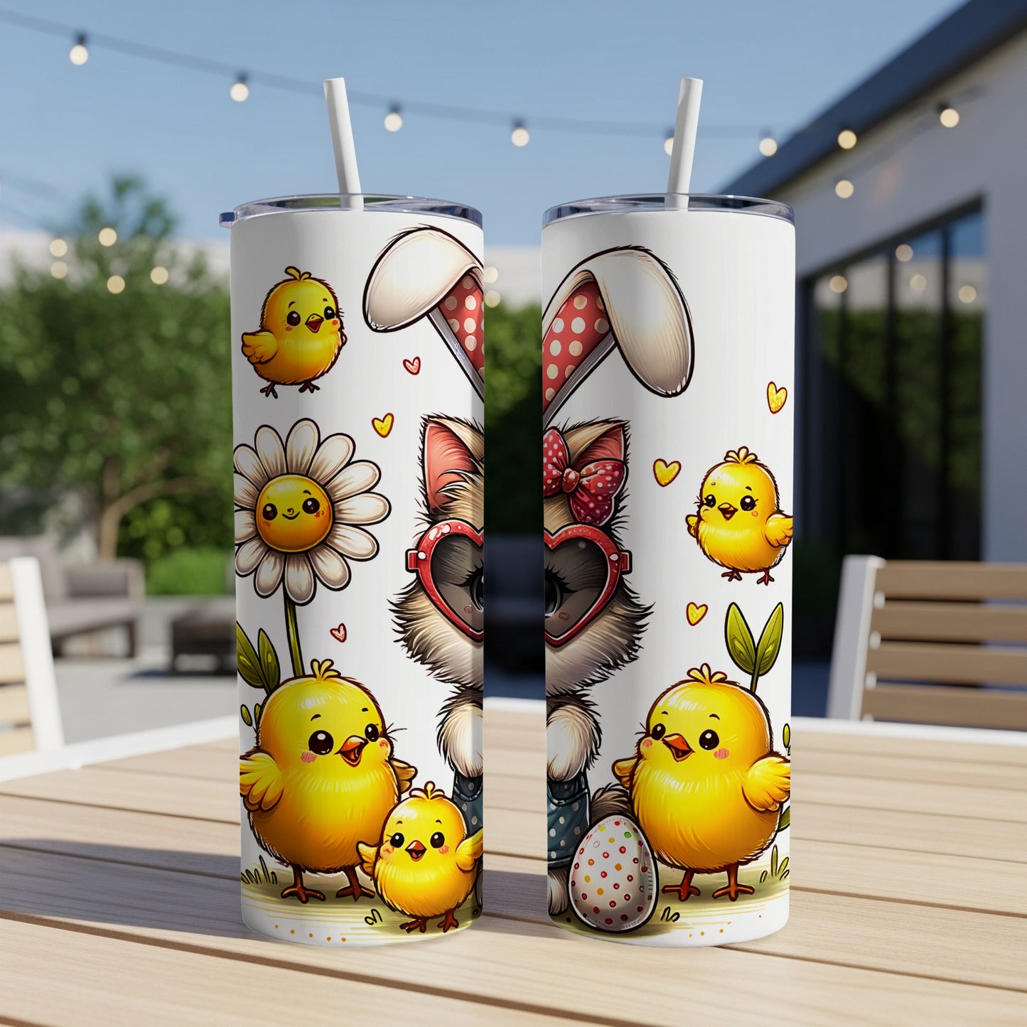 Two Easter-themed tumblers with cartoon chicks and a bunny illustration.