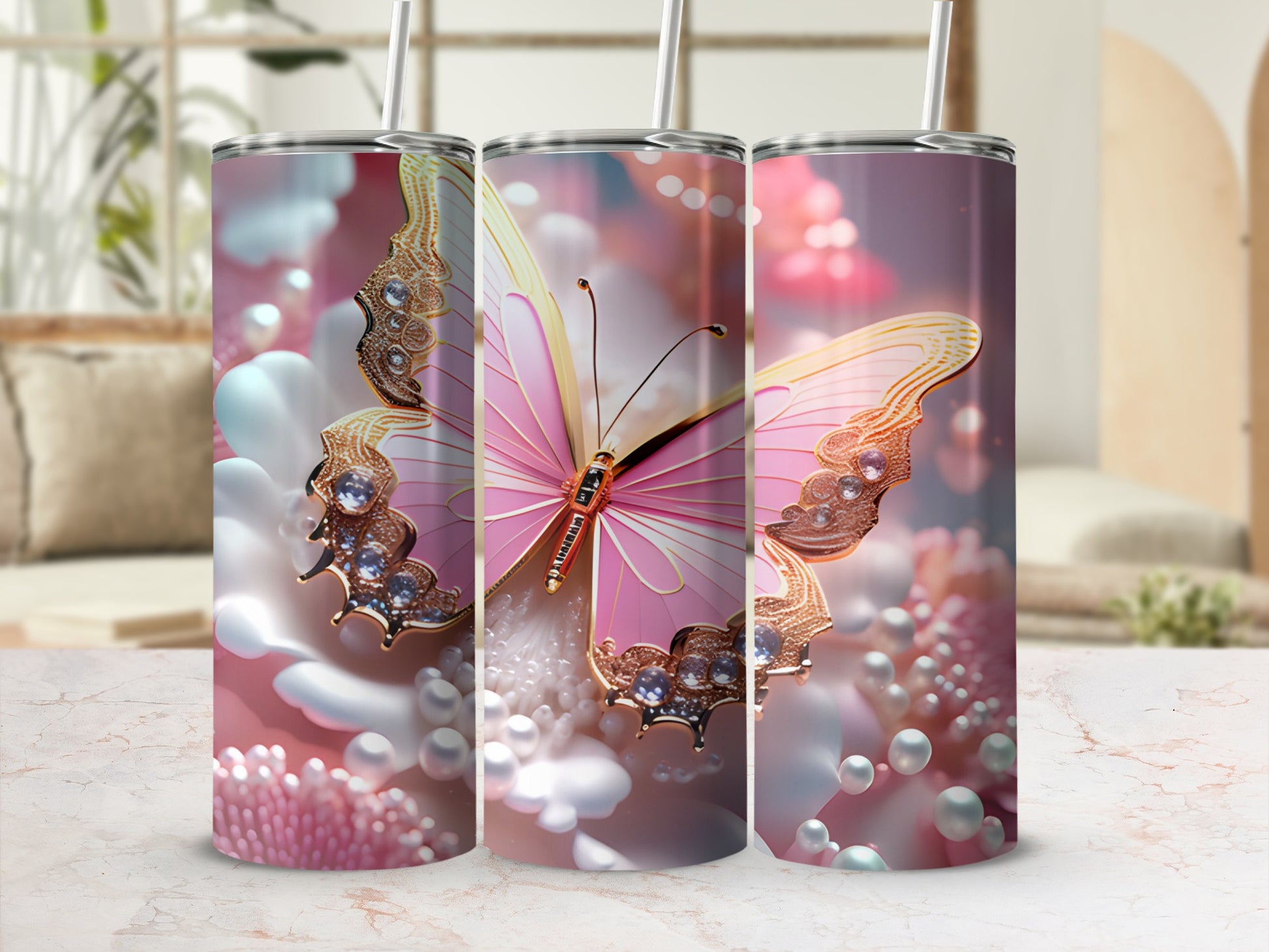 Pink butterfly tumbler with pearl and floral accents.
