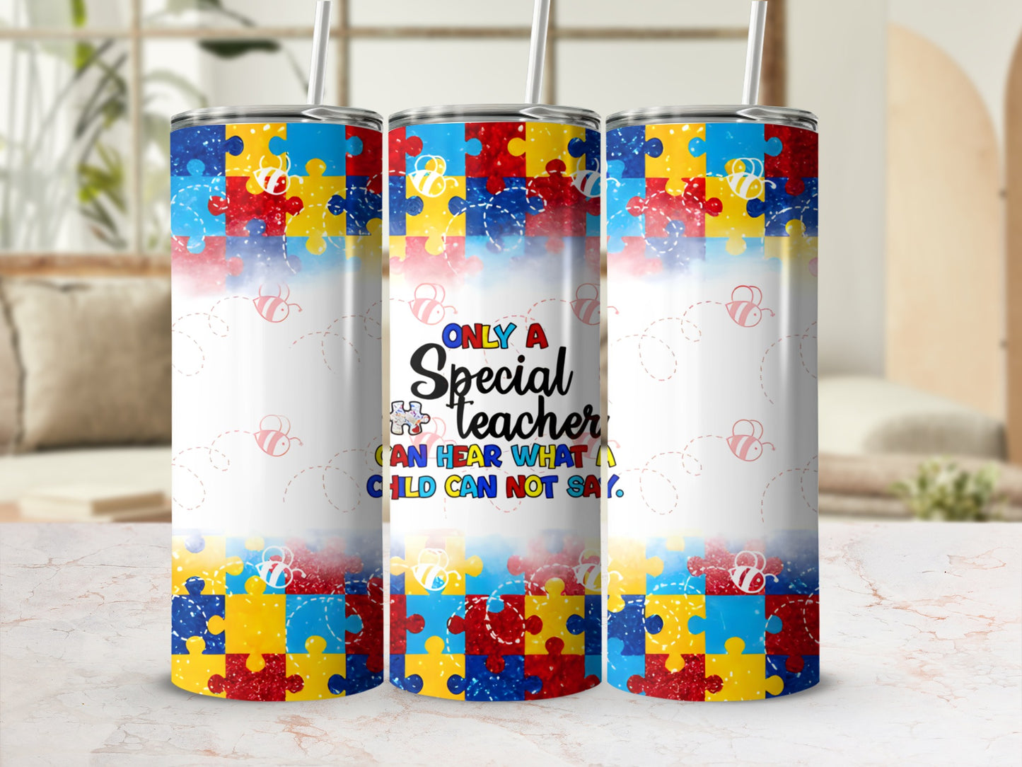 Tumbler with puzzle piece design and text "Only a special teacher can hear what a child cannot say."