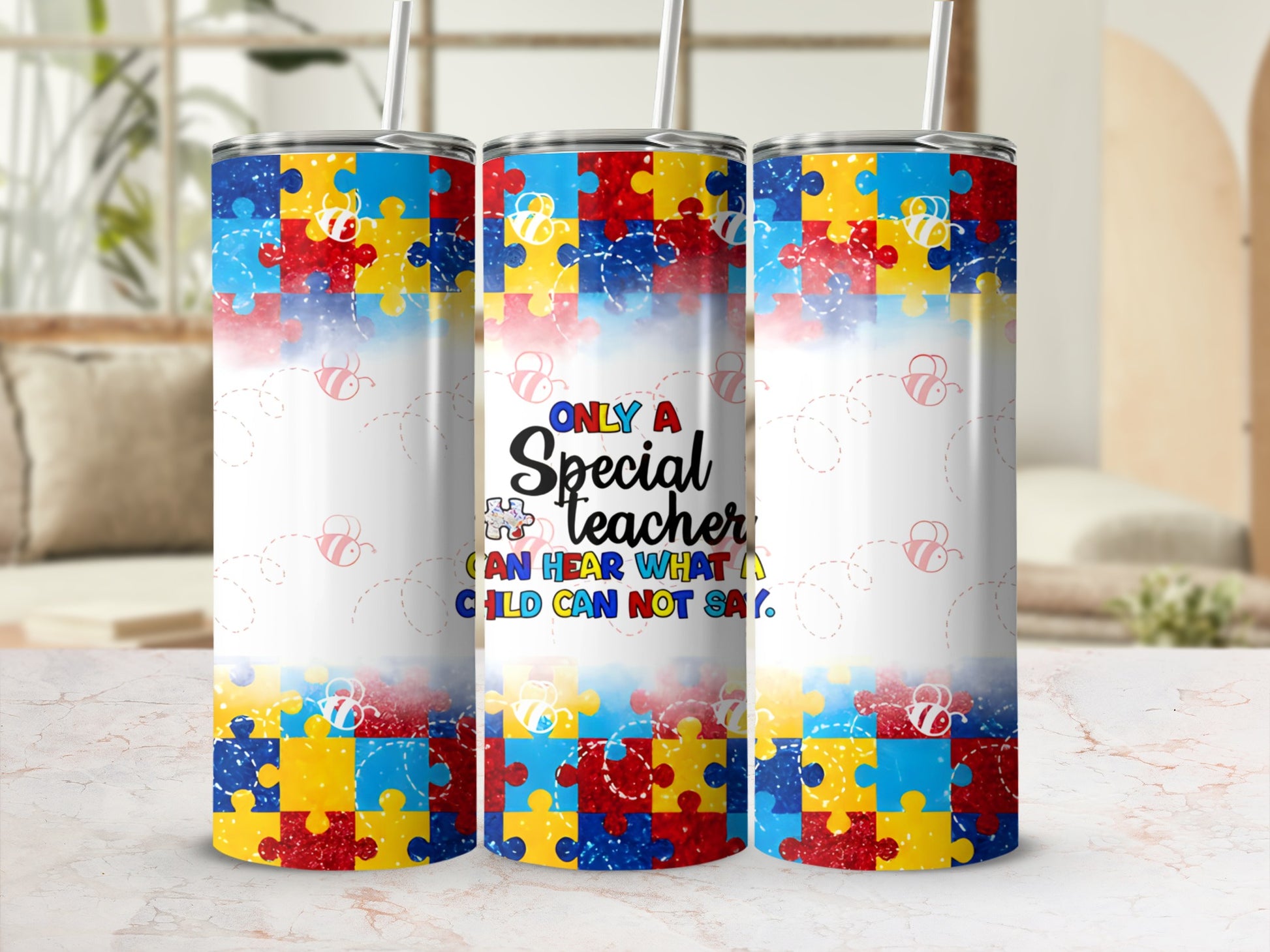 Tumbler with puzzle piece design and text "Only a special teacher can hear what a child cannot say."