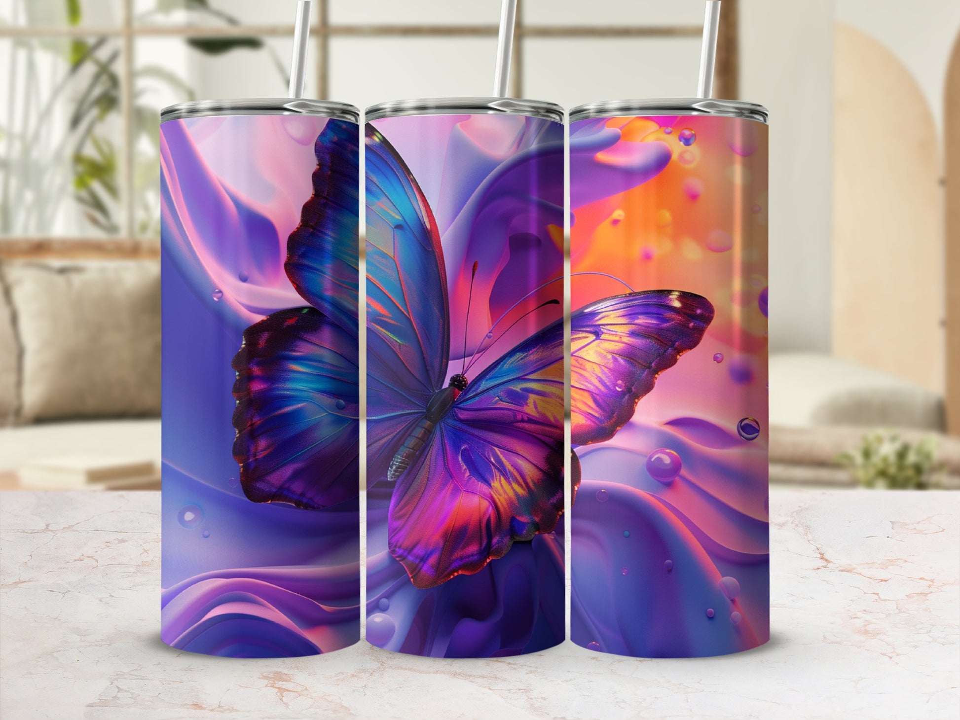 Butterfly design on three tumblers with abstract colorful background.