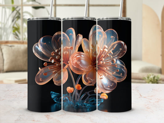 Three tumblers with translucent orange flower designs on a black background.