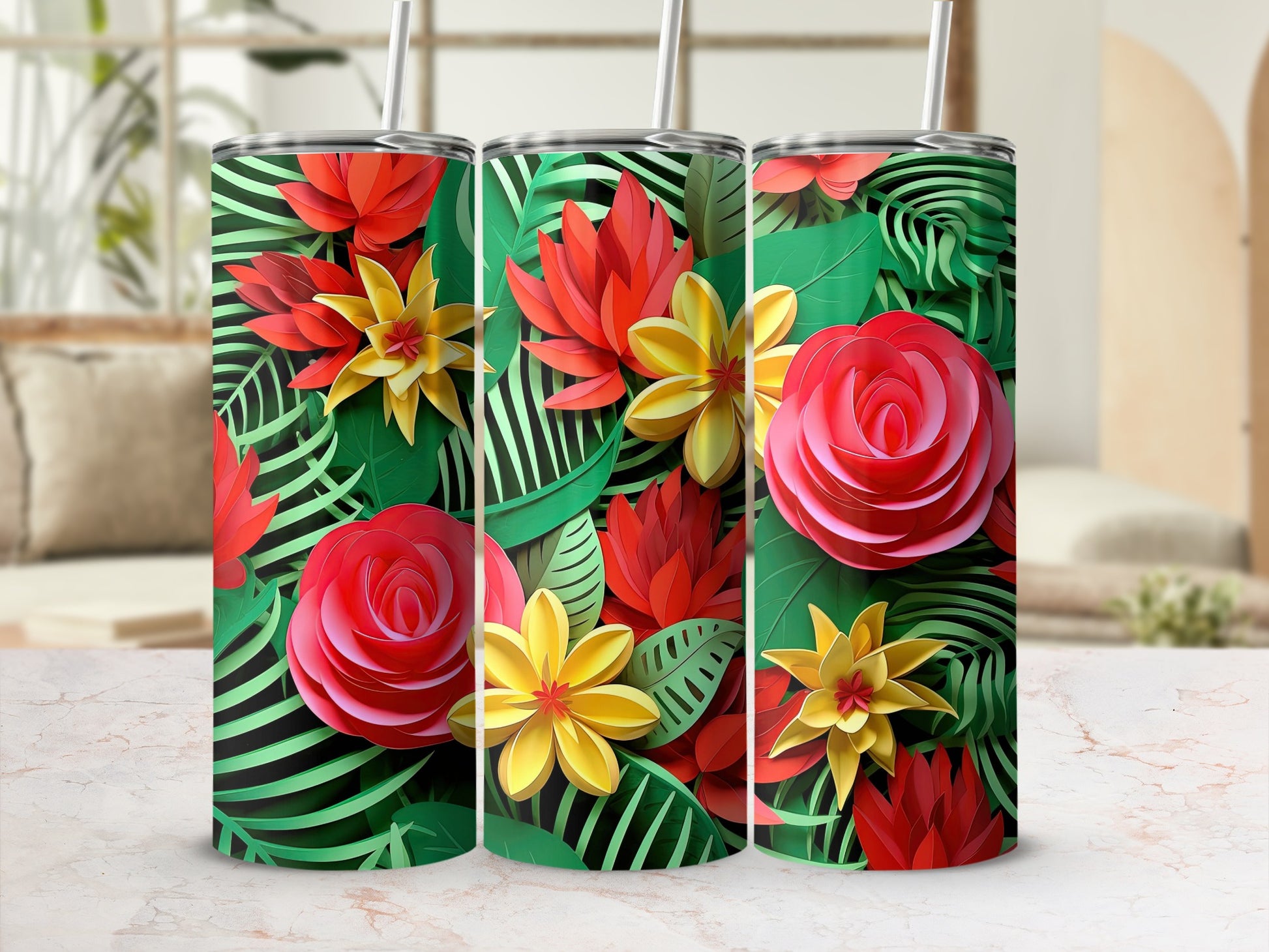 Vibrant Tropical Flower Design Stainless Steel Tumbler