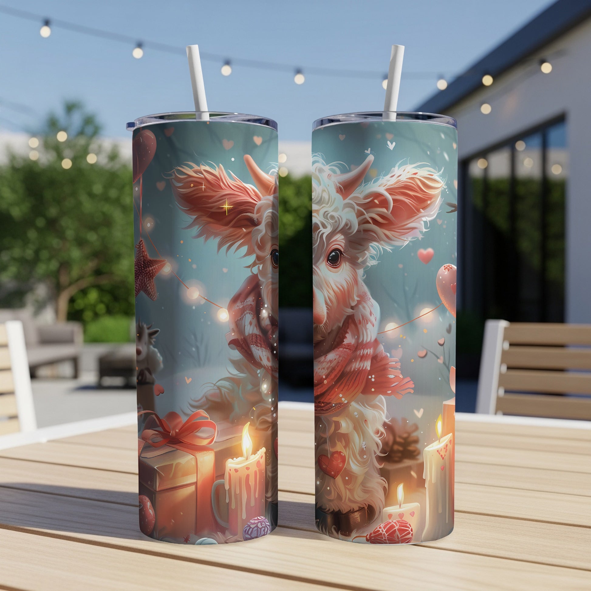 Cow illustration on two tumblers with gifts and candles.