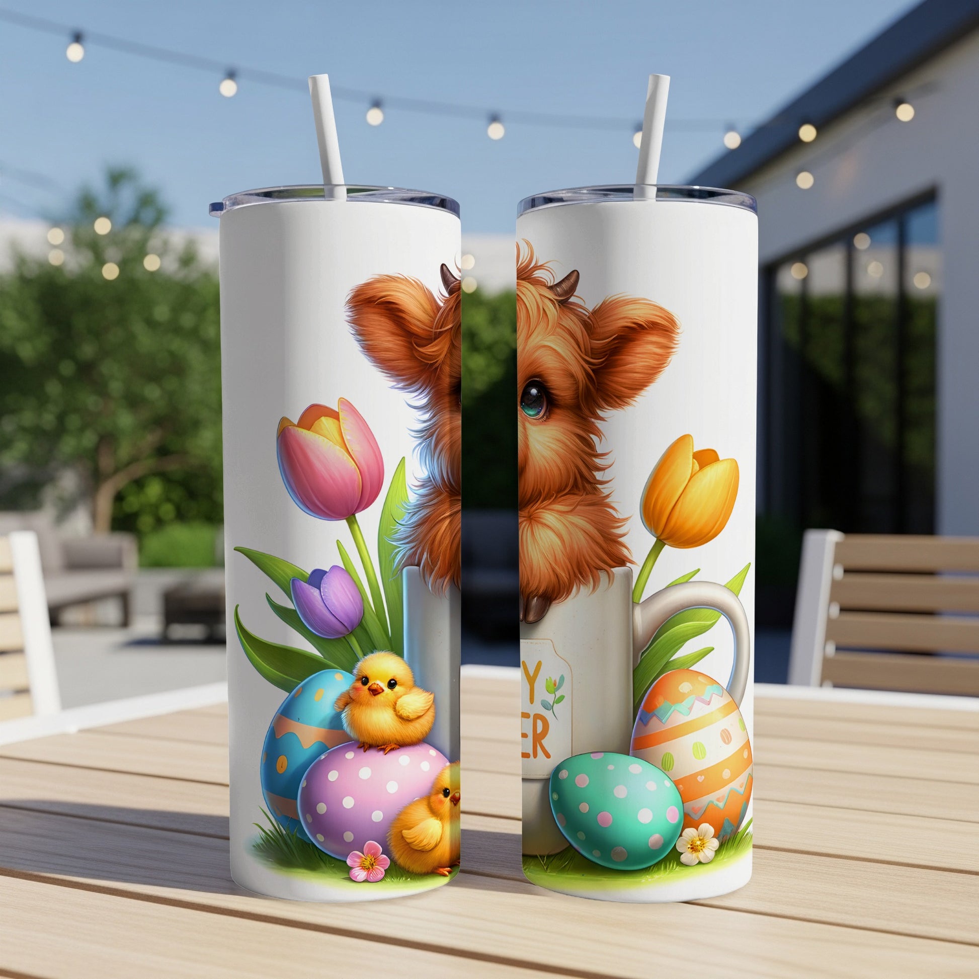 Cow and chicks Easter themed tumbler with tulips and eggs.