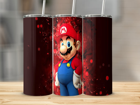 Mario character in red hat and blue overalls on a tumbler with red abstract background.