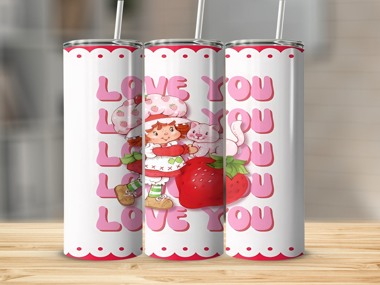 Strawberry Shortcake with cat, strawberry, and "Love You" text on tumbler.