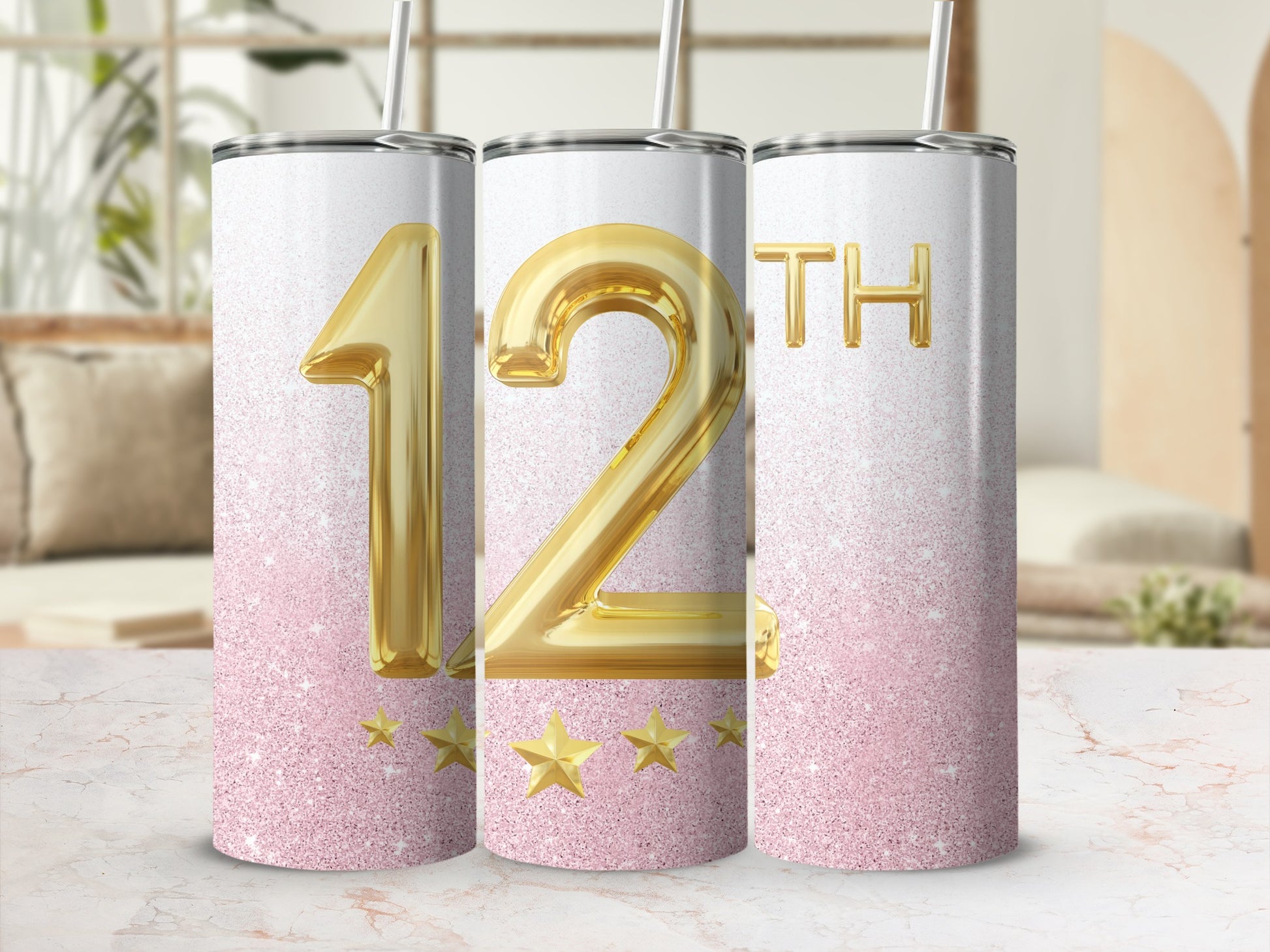 Gold "12th" text and stars on a pink glitter tumbler.