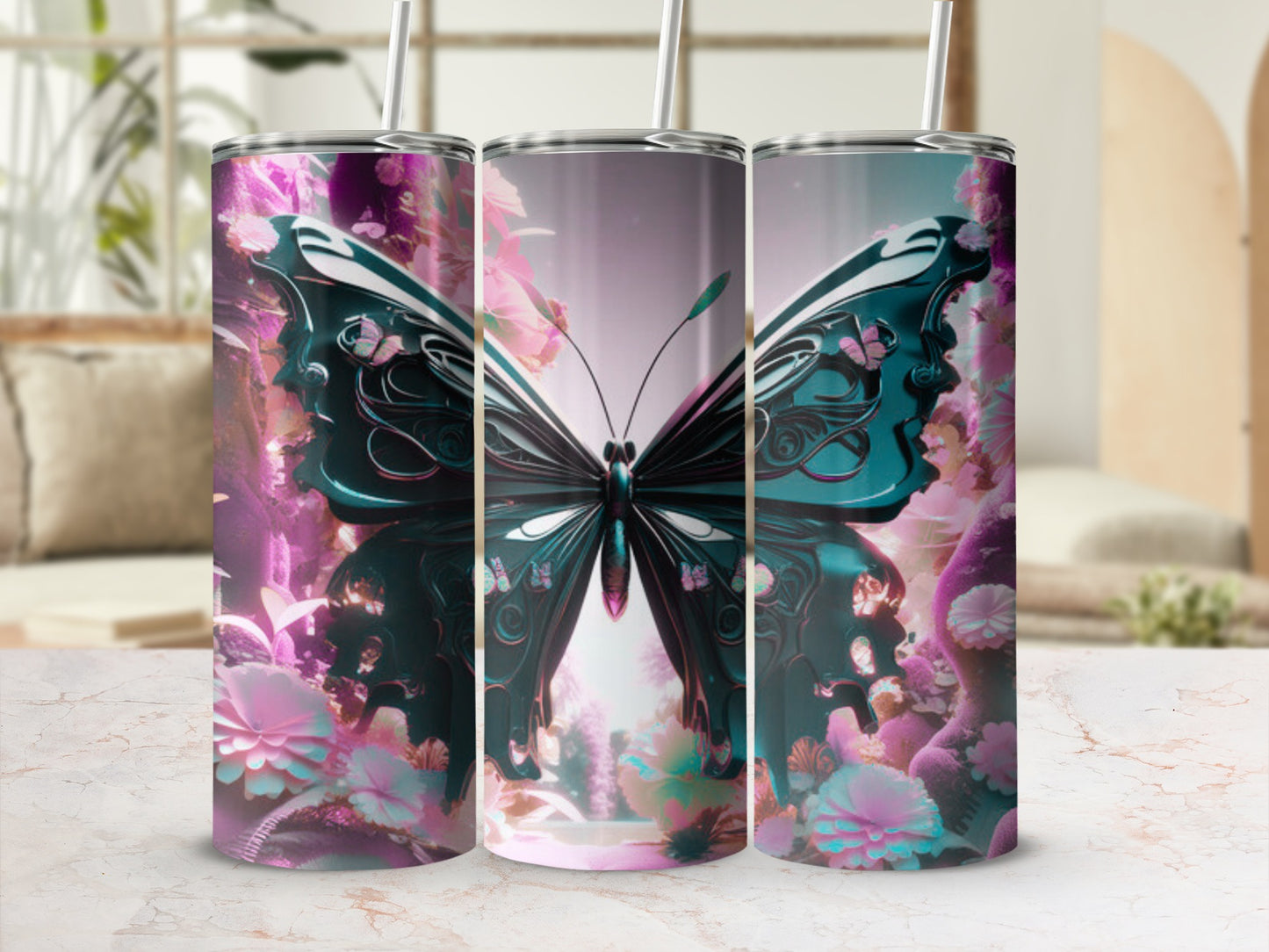 Three tumblers featuring a large teal butterfly with floral accents.