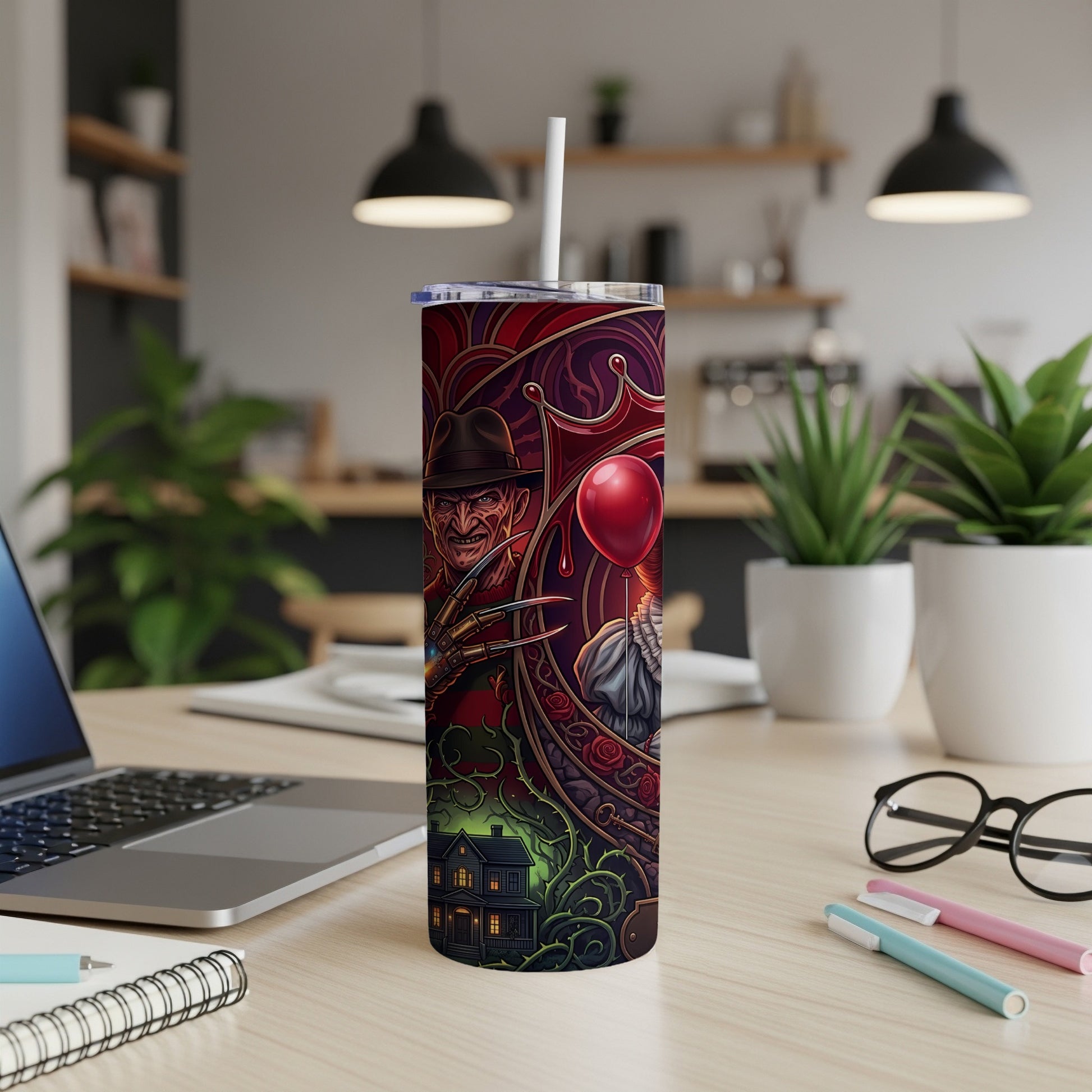 Tumbler featuring Freddy Krueger and Pennywise surrounded by roses and a haunted house.