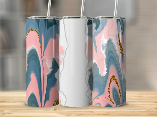 Three tumblers with a marbled pink, blue, and gold design.