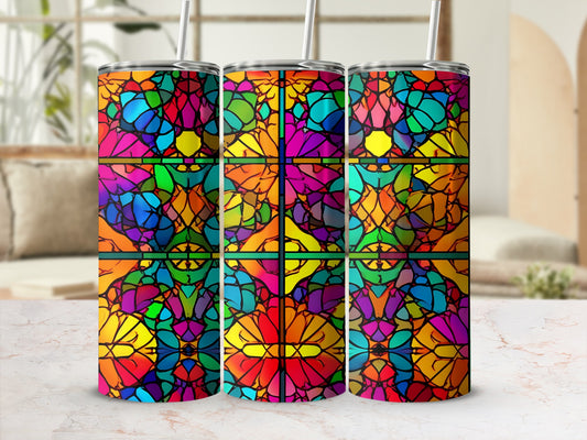 Three tumblers with stained glass pattern in bright, abstract colors.