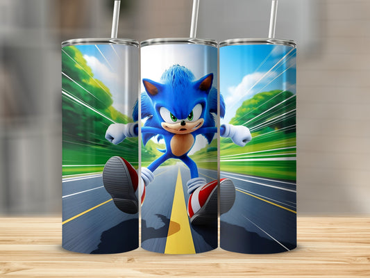 Sonic the Hedgehog running at high speed on a road.