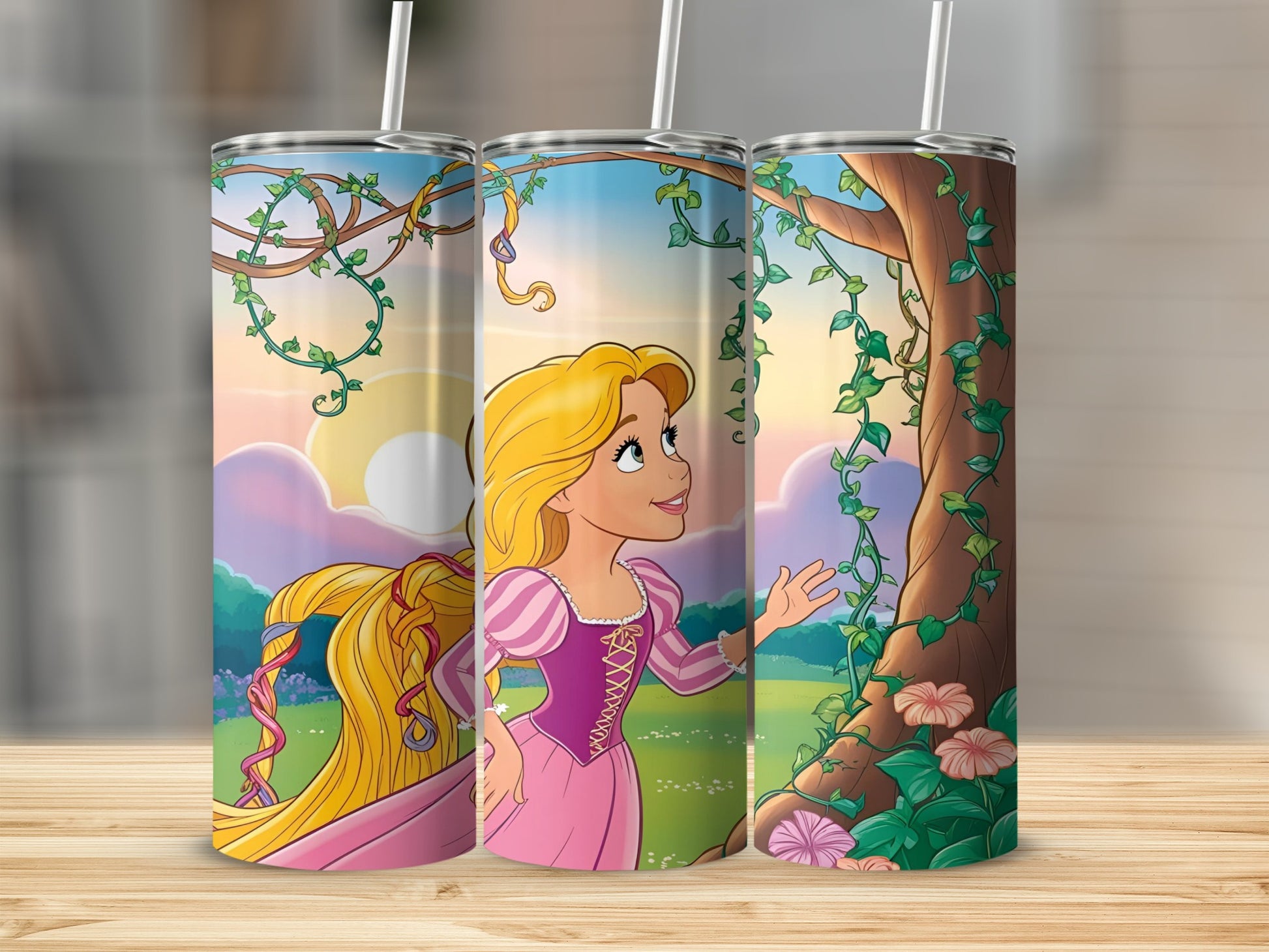 Tangled Rapunzel in a pink dress reaching for vines against a sunset sky.