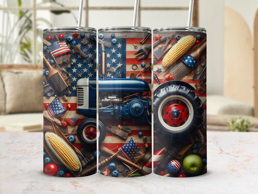 Tractor and American flag pattern tumbler with corn and apples.