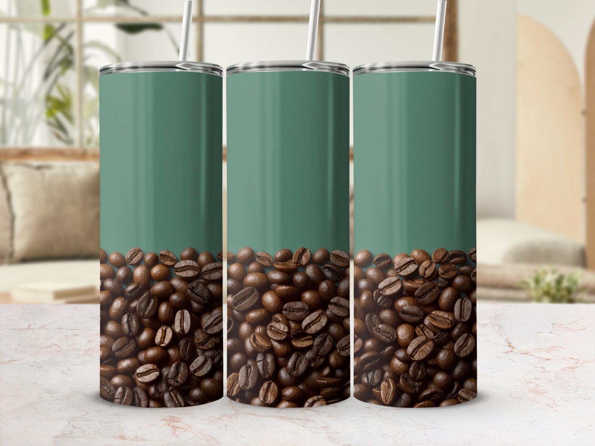 Three tall tumblers with a coffee bean design and green tops.