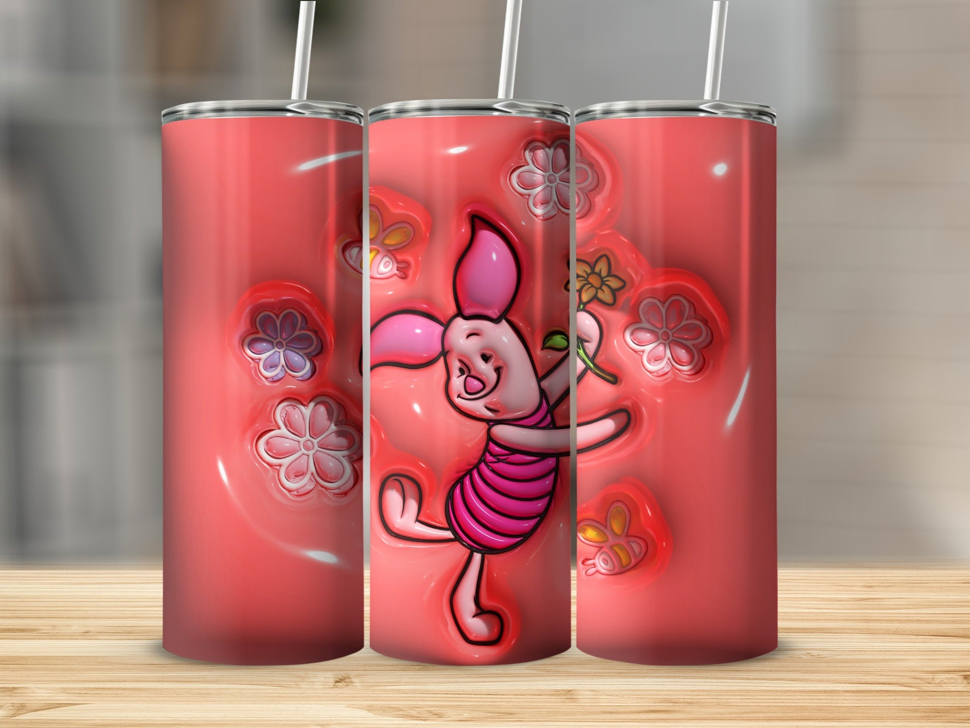 Piglet and Flowers Red Background Tumbler Cup